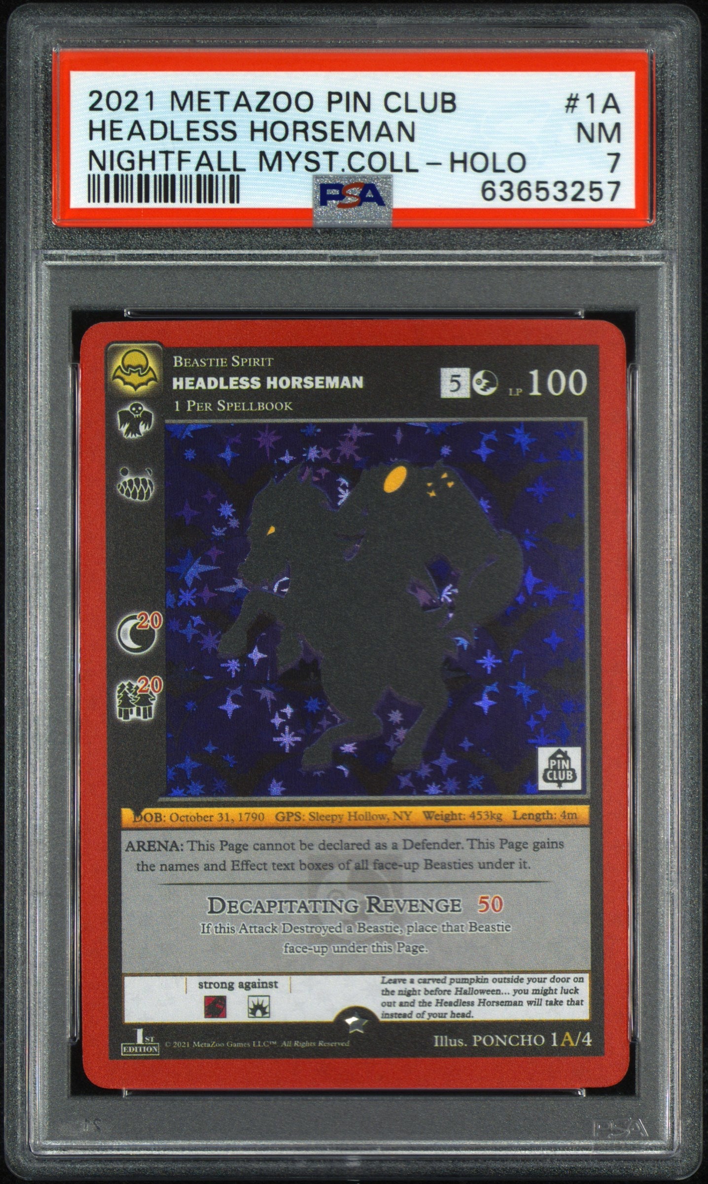 PSA 7: 2021 Metazoo Pin Club X Nightfall Mystery Collection 1A Headless Horseman-Holo