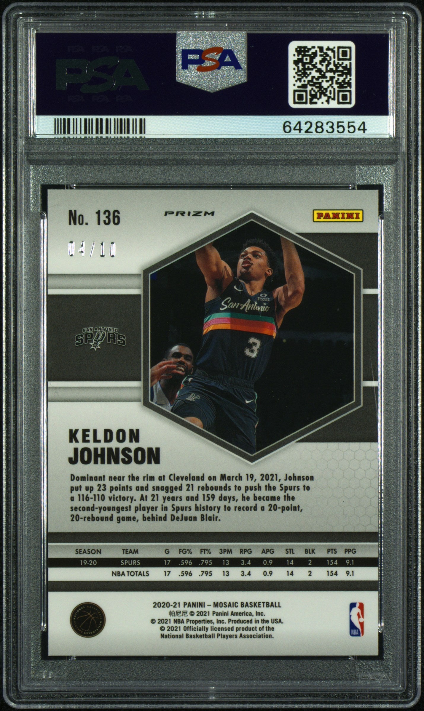 PSA 9: 2020 Panini Mosaic 136 Keldon Johnson Green Fluorescent