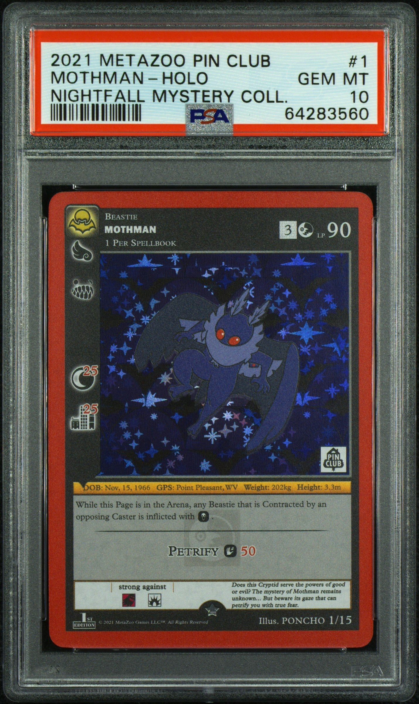 PSA 10: 2021 Metazoo Pin Club X Nightfall Mystery Collection 1 Mothman-Holo
