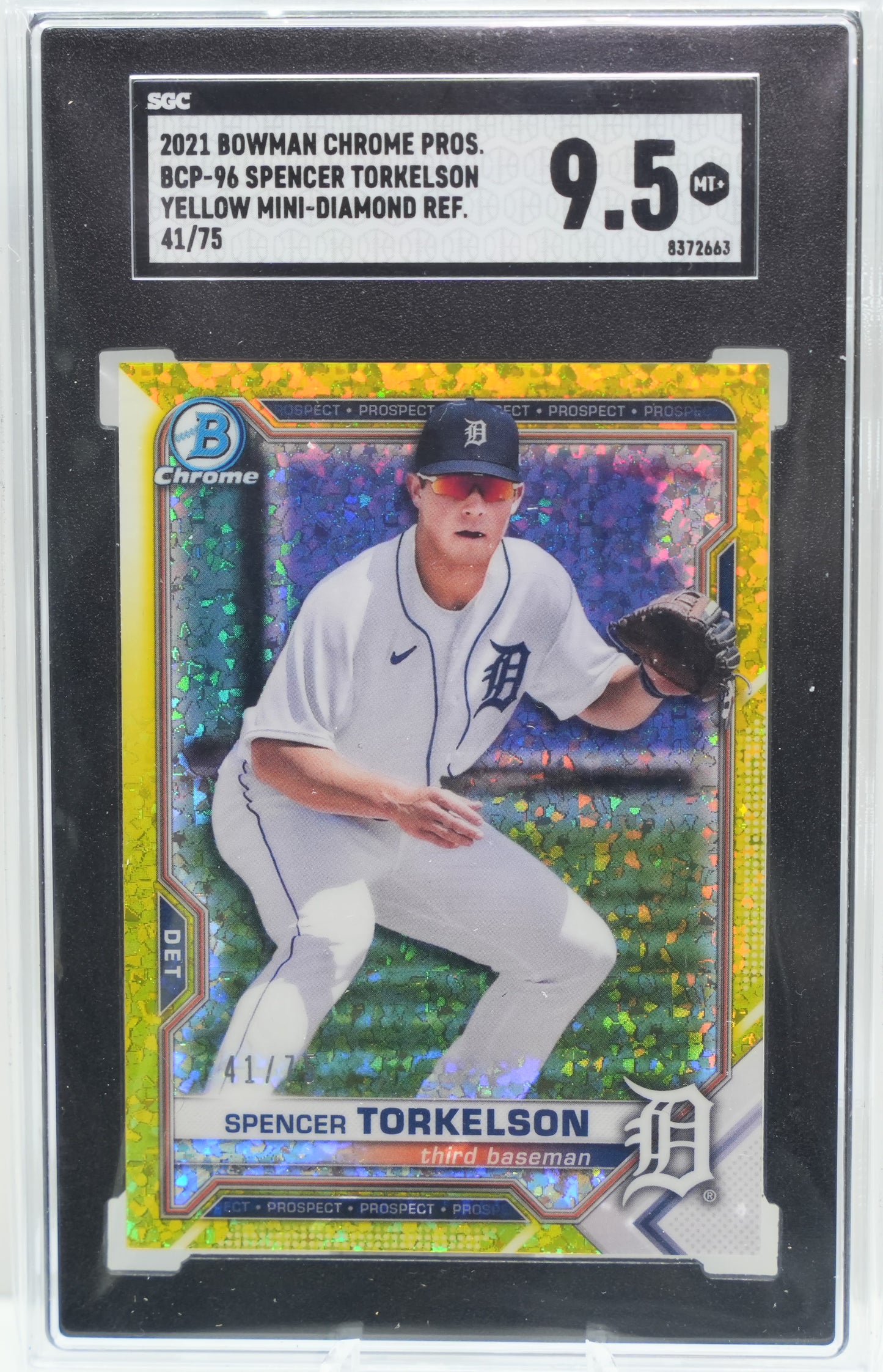 SGC 9.5: 2021 Bowman Chrome Prospects BCP-96 Spencer Torkelson Yellow Mini-Diamond Refractor 41/75