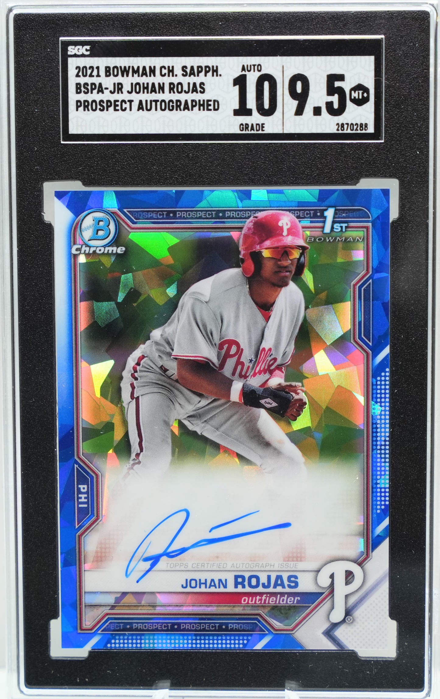 SGC 9.5: 2021 Bowman Chrome Sapphire Edition BSPA-JR Johan Rojas Prospect Autograph