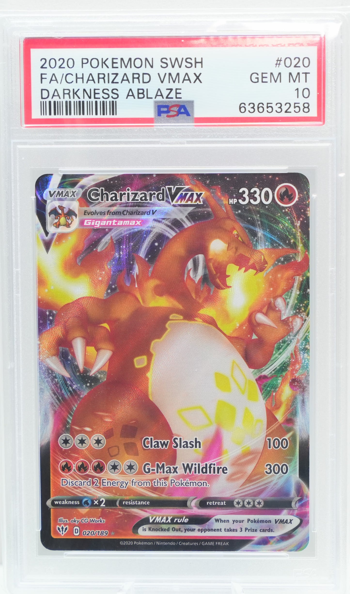 PSA 10: 2020 Pokemon SWSH FA/Charizard VMAX Darkness Ablaze