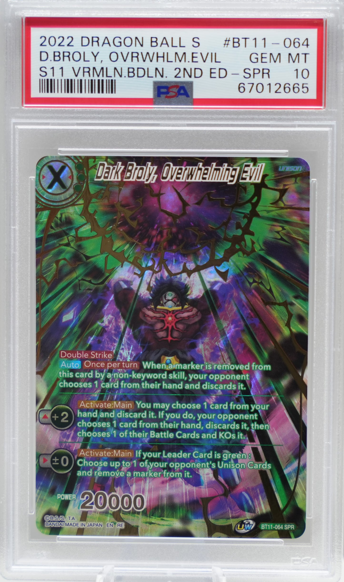 PSA 10: 2022 Dragon Ball Super Series 11 Vermilion Bloodline 2nd Edition BT11-064 Dark Broly, Overwhelming Evil Special Rare