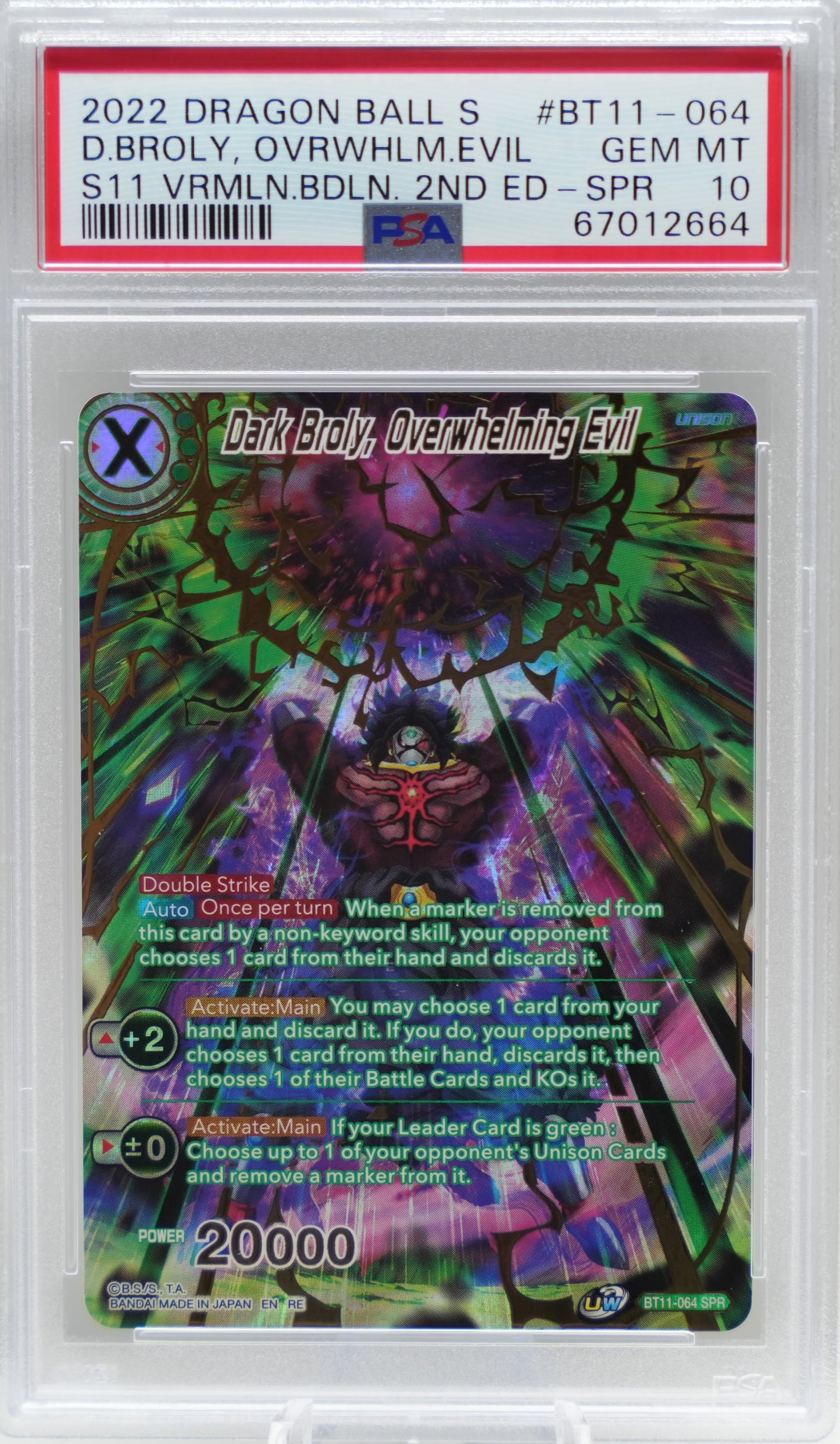 PSA 10: 2022 Dragon Ball Super Series 11 Vermilion Bloodline 2nd Edition BT11-064 Dark Broly, Overwhelming Evil Special Rare