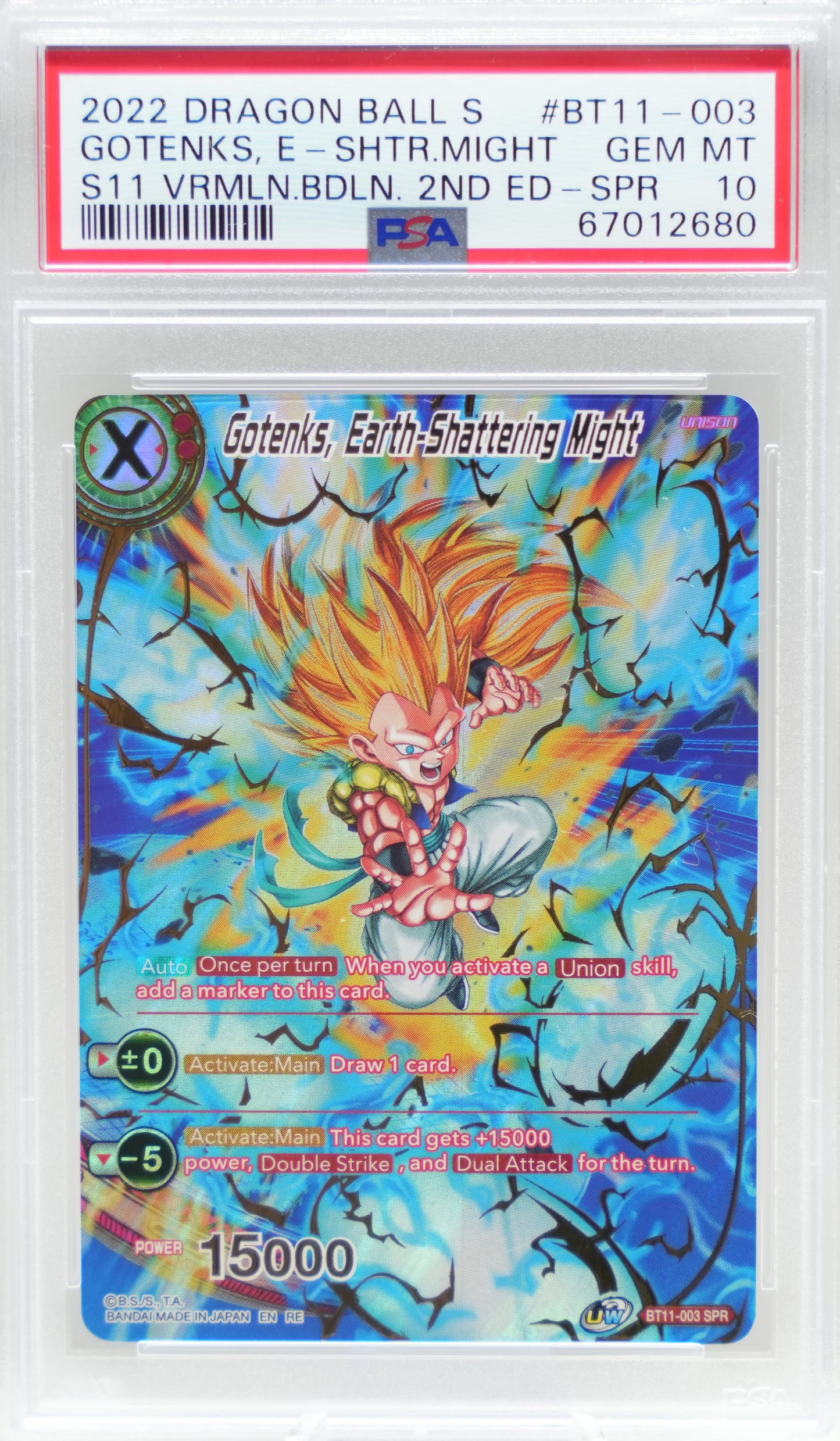 PSA 10: 2022 Dragon Ball Super Series 11 Vermilion Bloodline 2nd Edition BT11-003 Gotenks, Earth-Shattering Might Special Rare