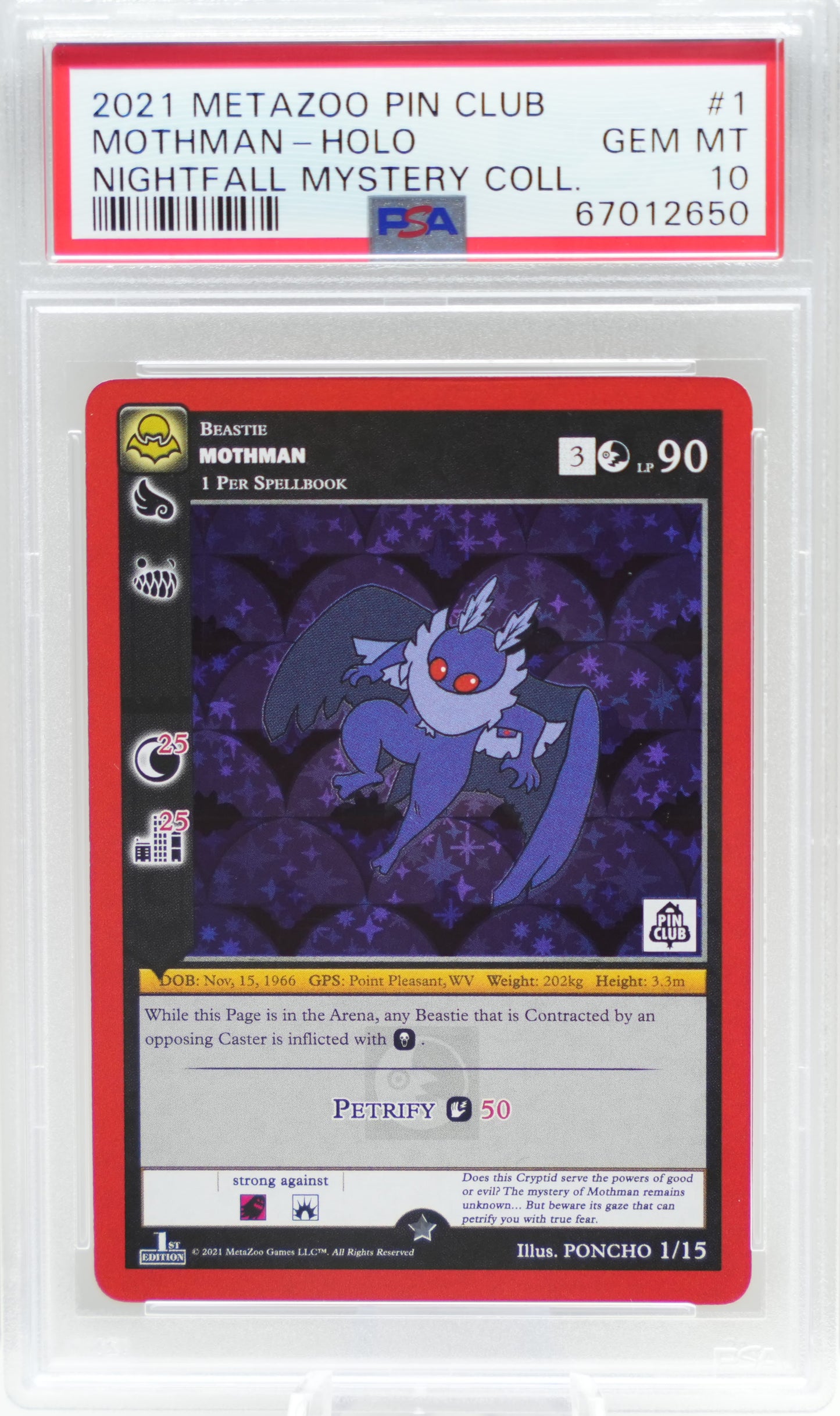 PSA 10: 2021 Metazoo Pin Club X Nightfall Mystery Collection 1 Mothman-Holo