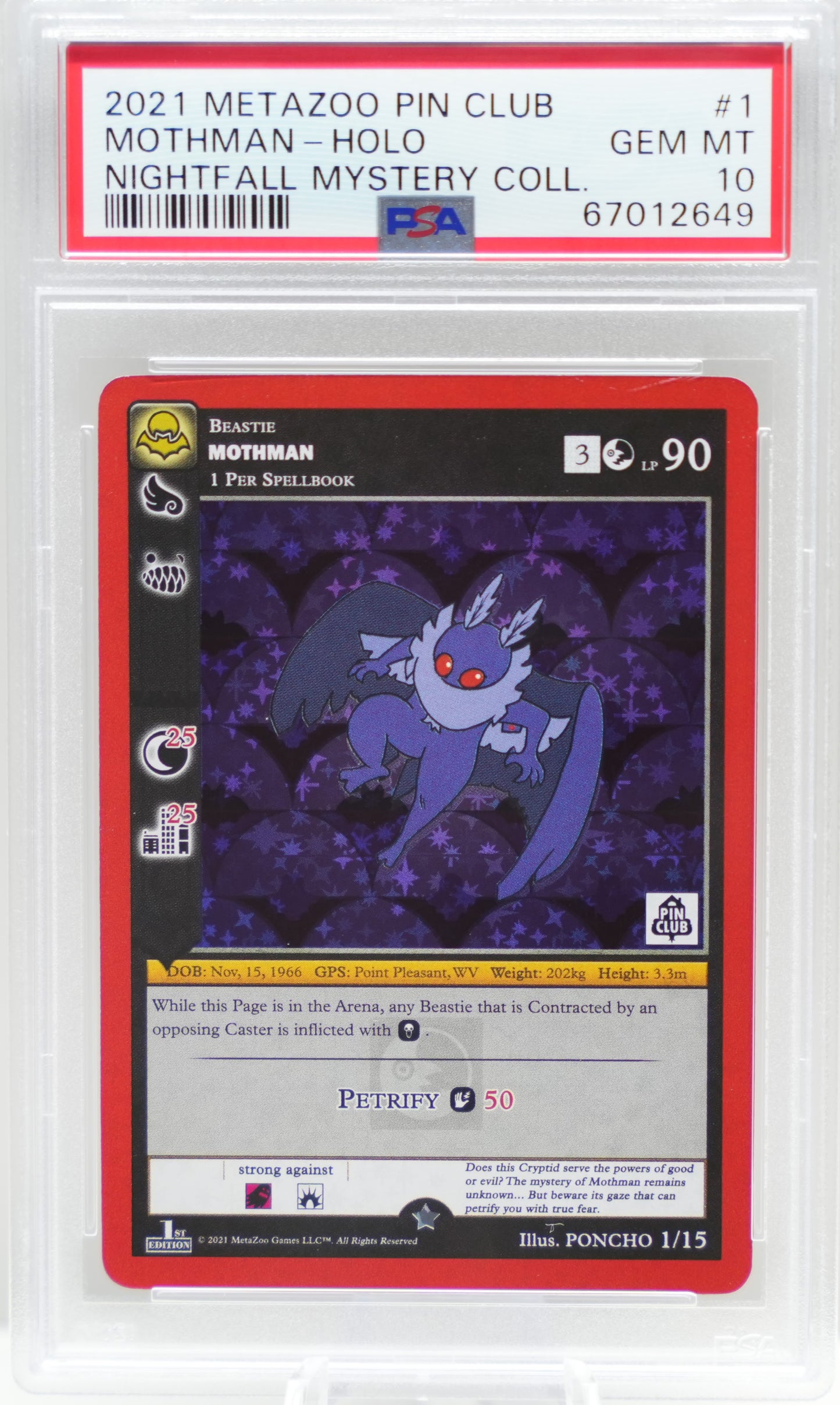 PSA 10: 2021 Metazoo Pin Club X Nightfall Mystery Collection 1 Mothman-Holo
