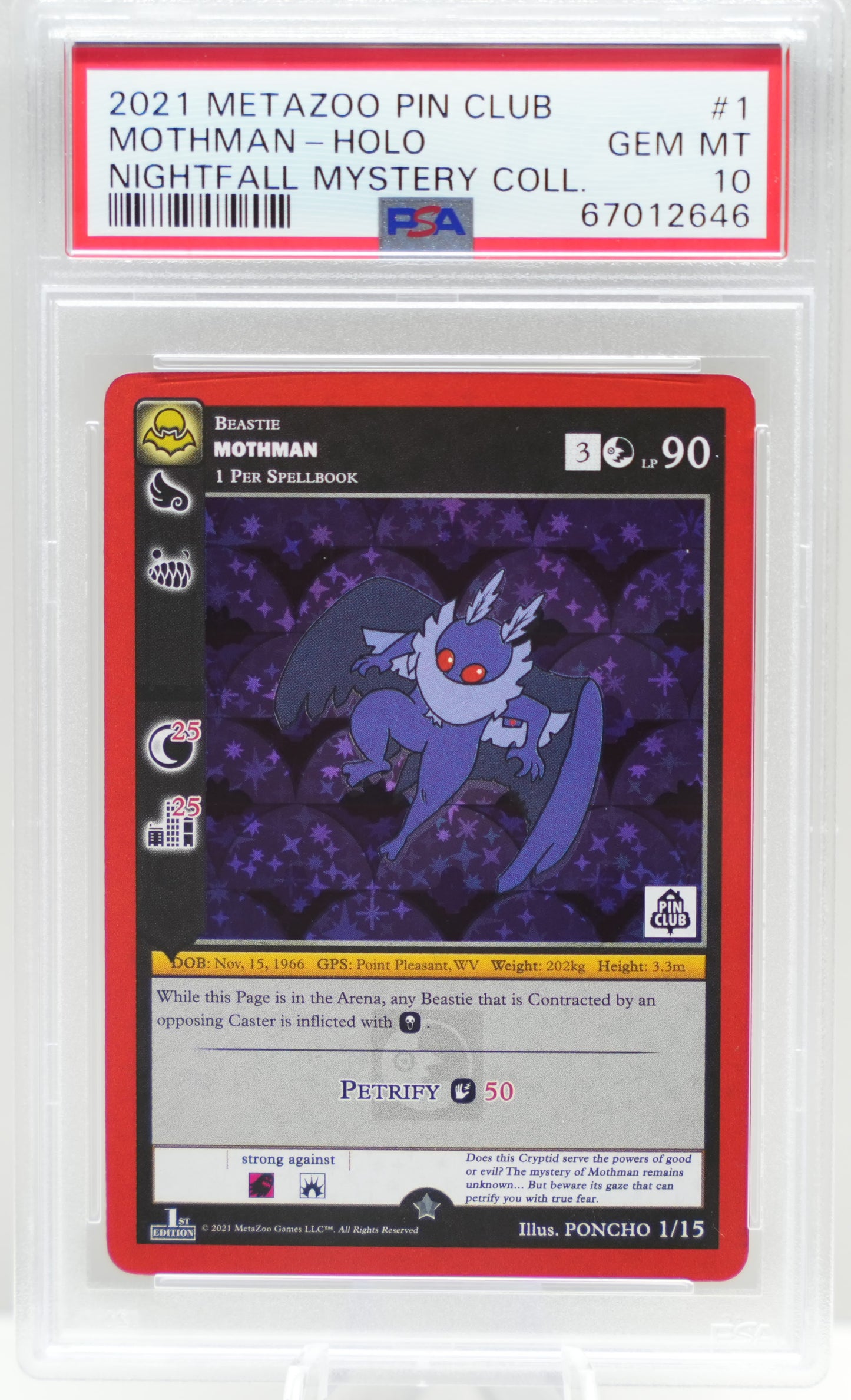PSA 10: 2021 Metazoo Pin Club X Nightfall Mystery Collection 1 Mothman-Holo