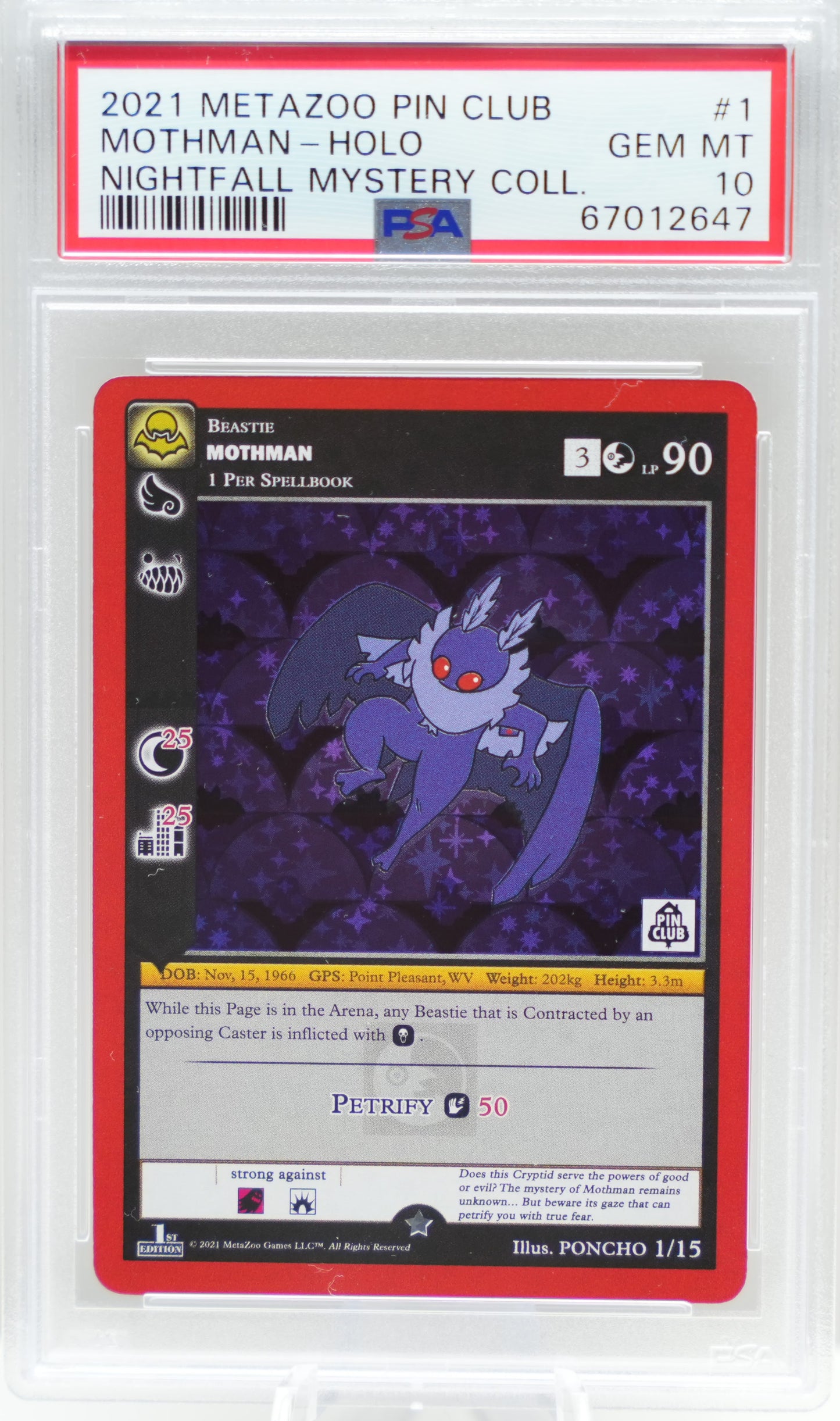 PSA 10: 2021 Metazoo Pin Club X Nightfall Mystery Collection 1 Mothman-Holo