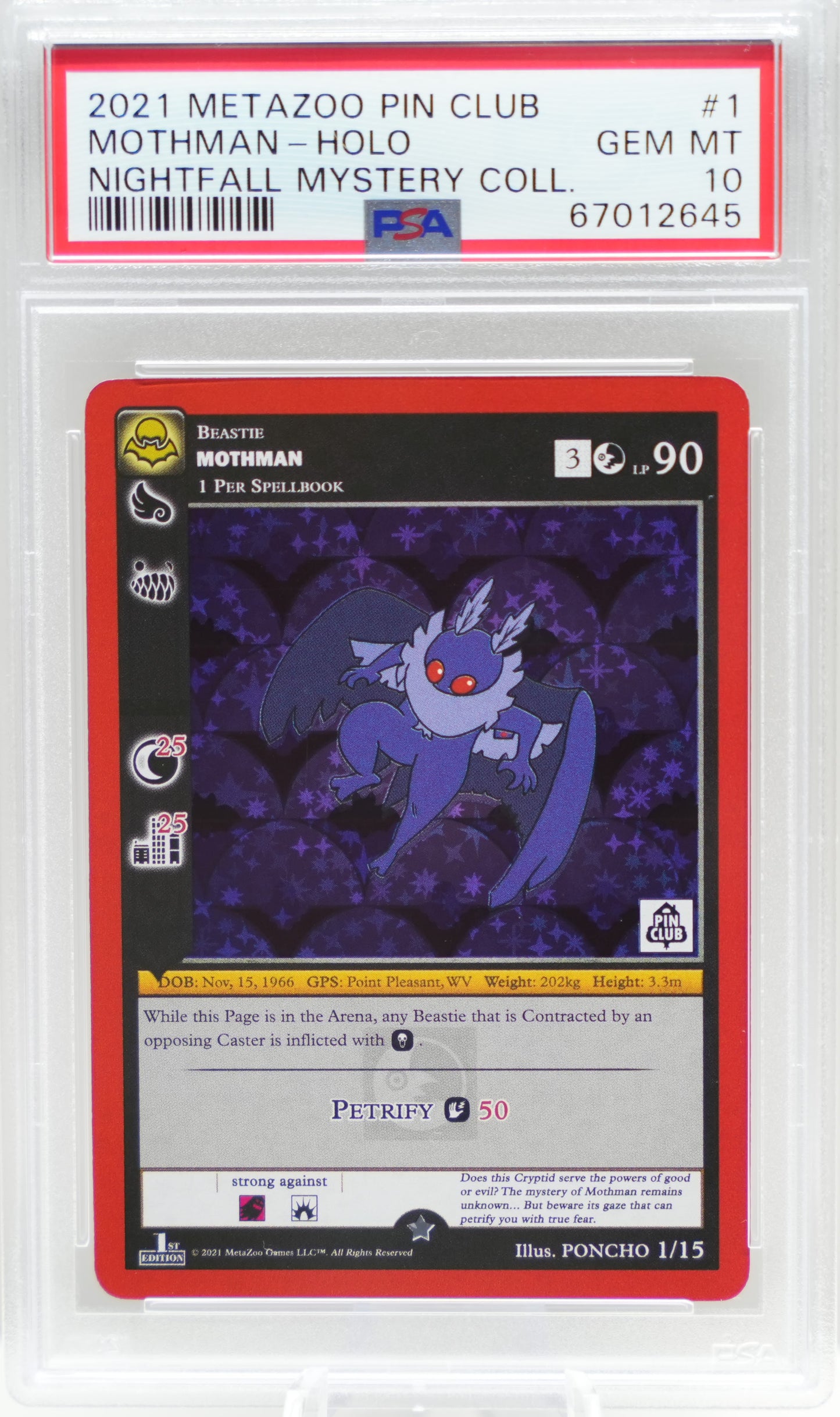 PSA 10: 2021 Metazoo Pin Club X Nightfall Mystery Collection 1 Mothman-Holo