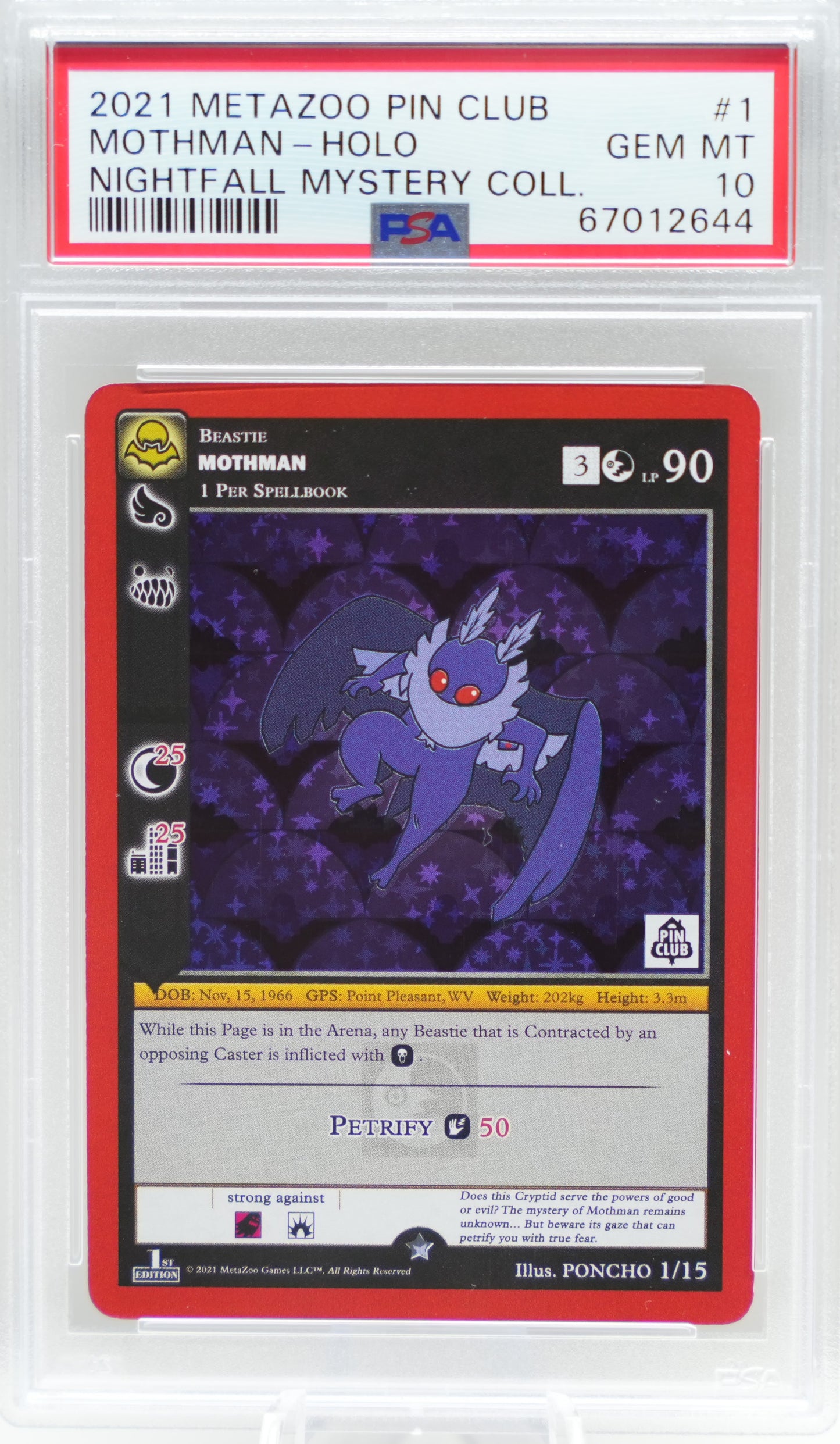 PSA 10: 2021 Metazoo Pin Club X Nightfall Mystery Collection 1 Mothman-Holo