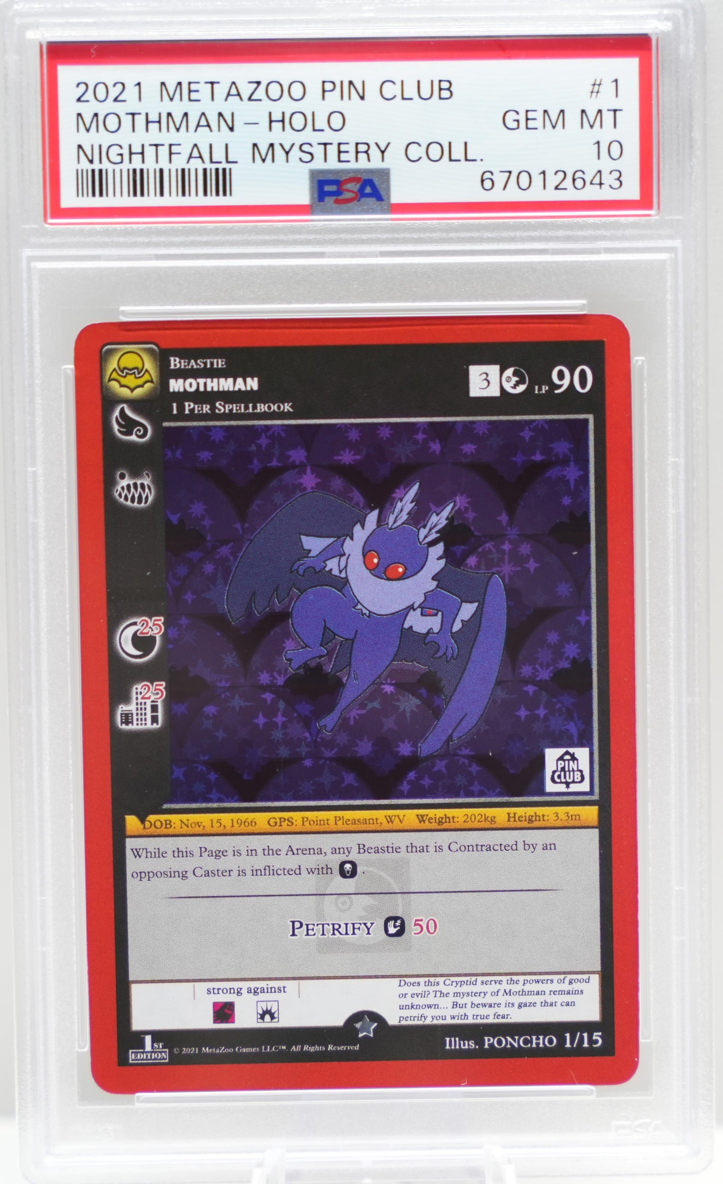 PSA 10: 2021 Metazoo Pin Club X Nightfall Mystery Collection 1 Mothman-Holo