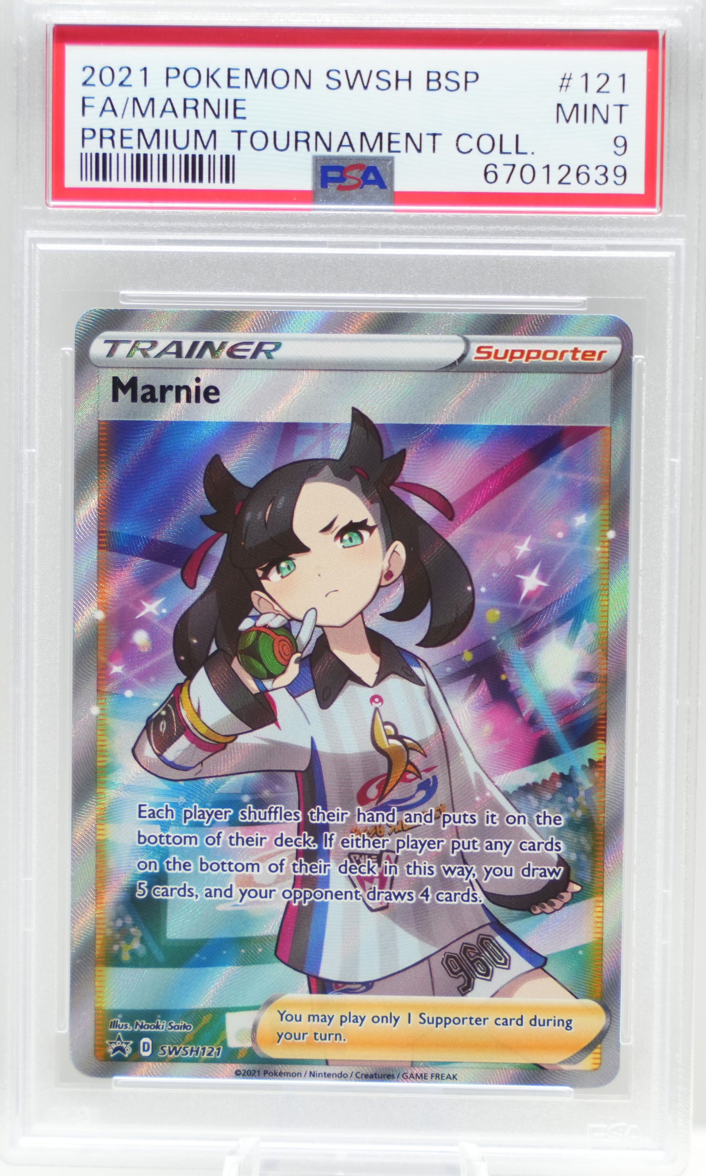 PSA 9: 2021 Pokemon Swsh Black Star Promo 121 Full Art/Marnie Marnie Premium Tournament Collection