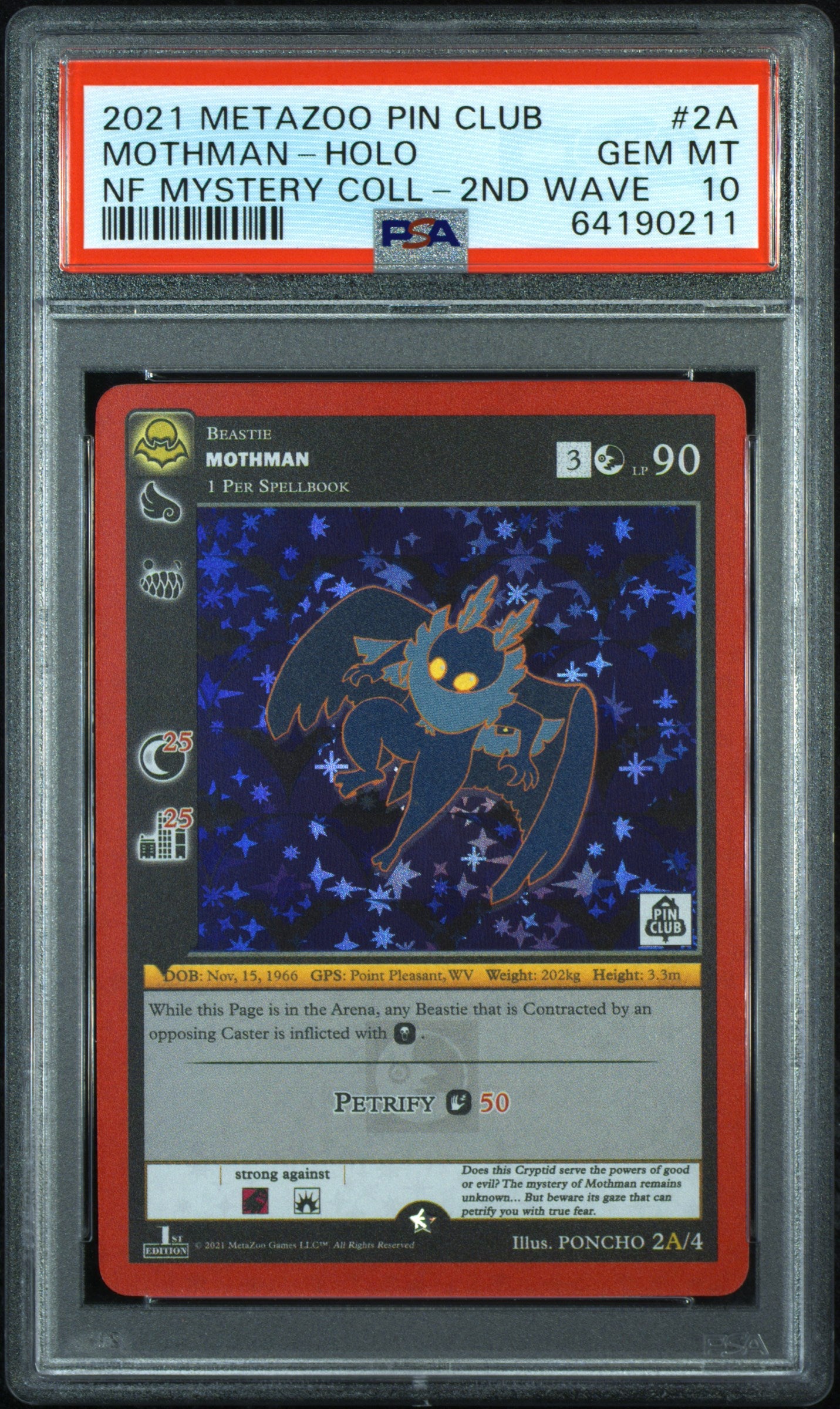 PSA 10: 2021 Metazoo Pin Club X Nightfall Mystery Collection 2A Mothman-Holo 2nd Wave