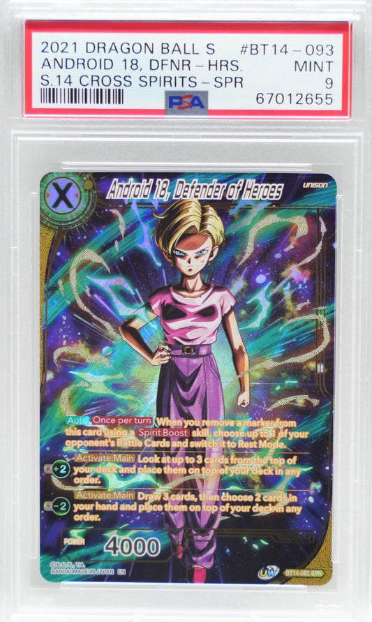 PSA 9: 2021 Dragon Ball Super Series 14 Cross Spirits BT14-093 Android 18, Defender of Heroes Special Rare